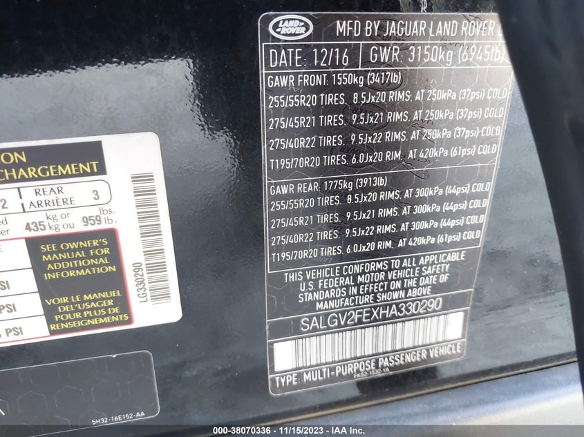 VIN SALGV2FEXHA330290 2017 LAND ROVER RANGE ROVER AUTOBIOGRAPHY