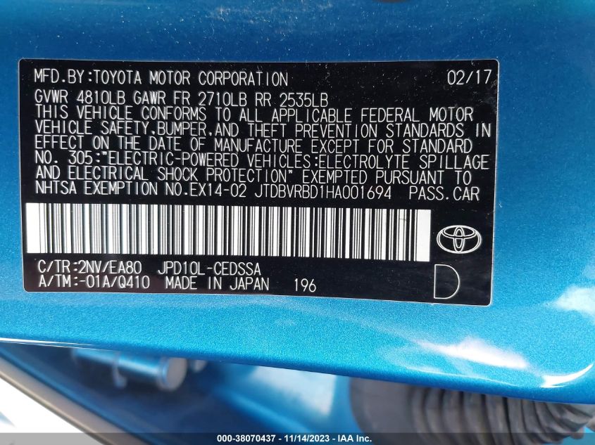 2017 TOYOTA MIRAI JTDBVRBD1HA001694