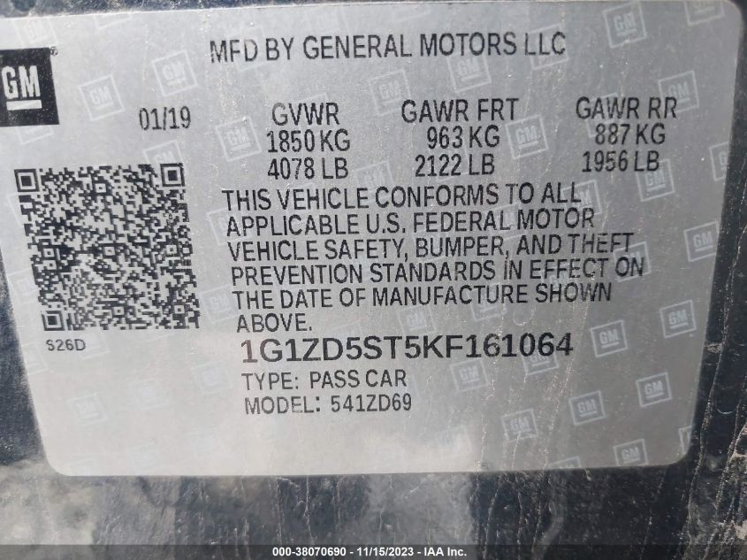 2019 CHEVROLET MALIBU LT - 1G1ZD5ST5KF161064