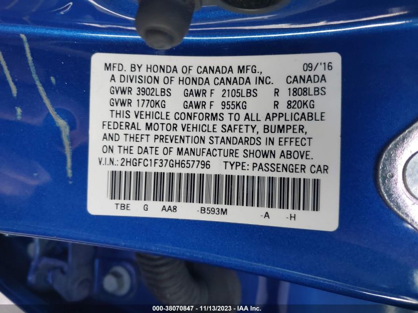 2016 HONDA CIVIC EX-T - 2HGFC1F37GH657796