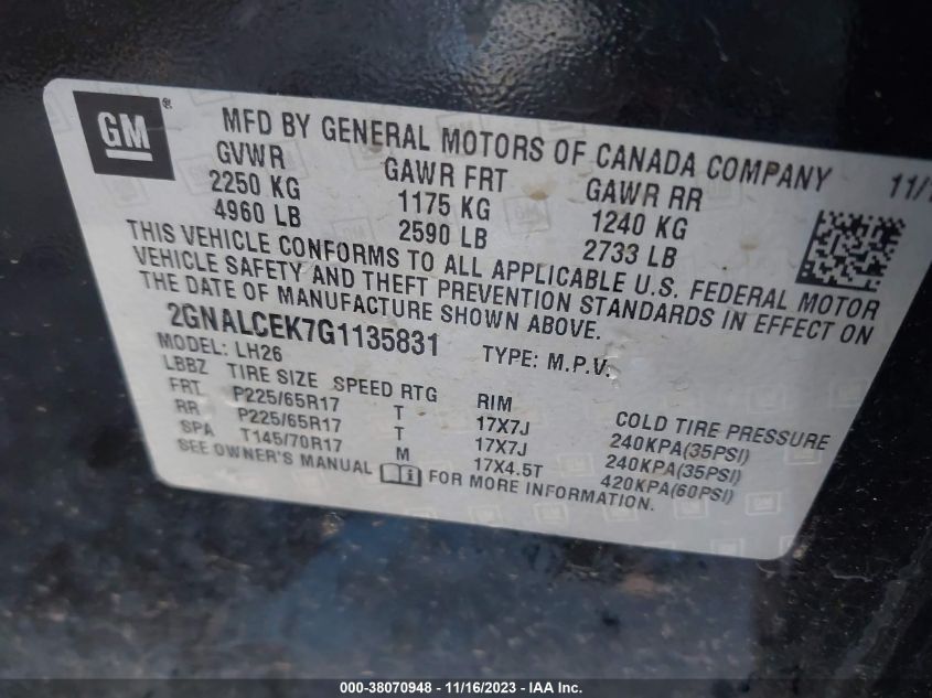 2016 CHEVROLET EQUINOX LT - 2GNALCEK7G1135831