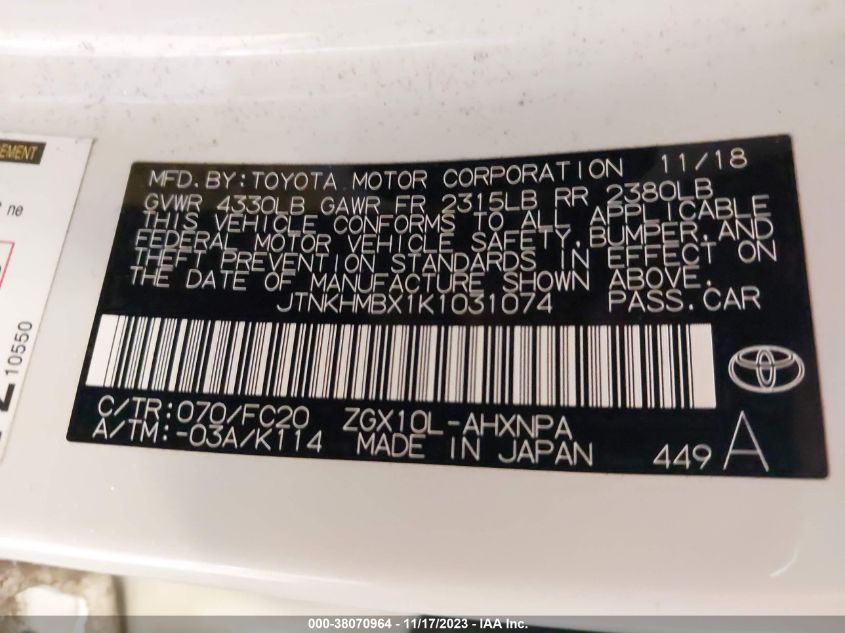 2019 TOYOTA C-HR XLE/LE/LIMITED - JTNKHMBX1K1031074