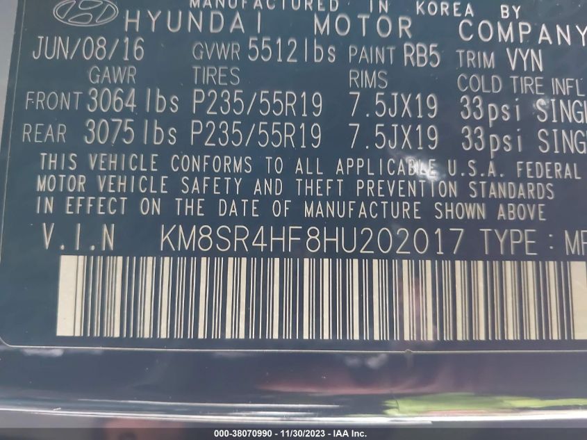 2017 HYUNDAI SANTA FE SE/LIMITED - KM8SR4HF8HU202017