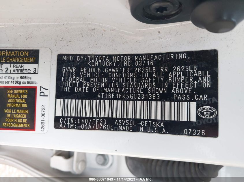 2016 TOYOTA CAMRY SE - 4T1BF1FK5GU231383