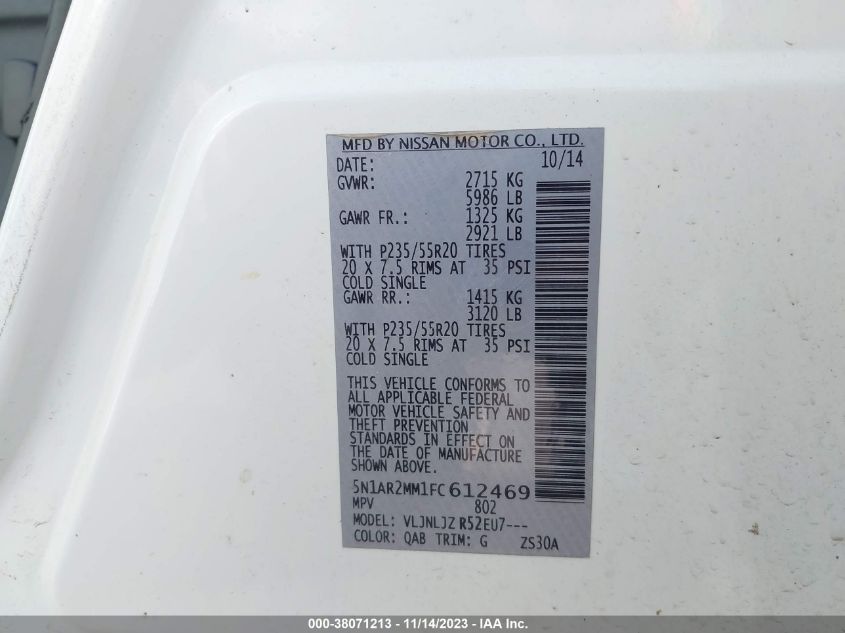 2015 NISSAN PATHFINDER S/SV/SL/PLATINUM - 5N1AR2MM1FC612469