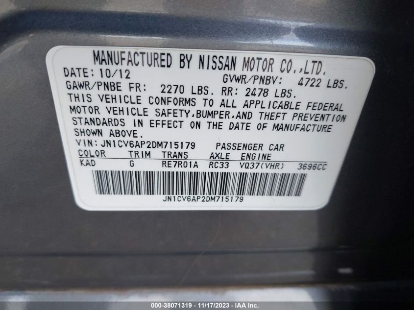 2013 INFINITI G37 JOURNEY JN1CV6AP2DM715179