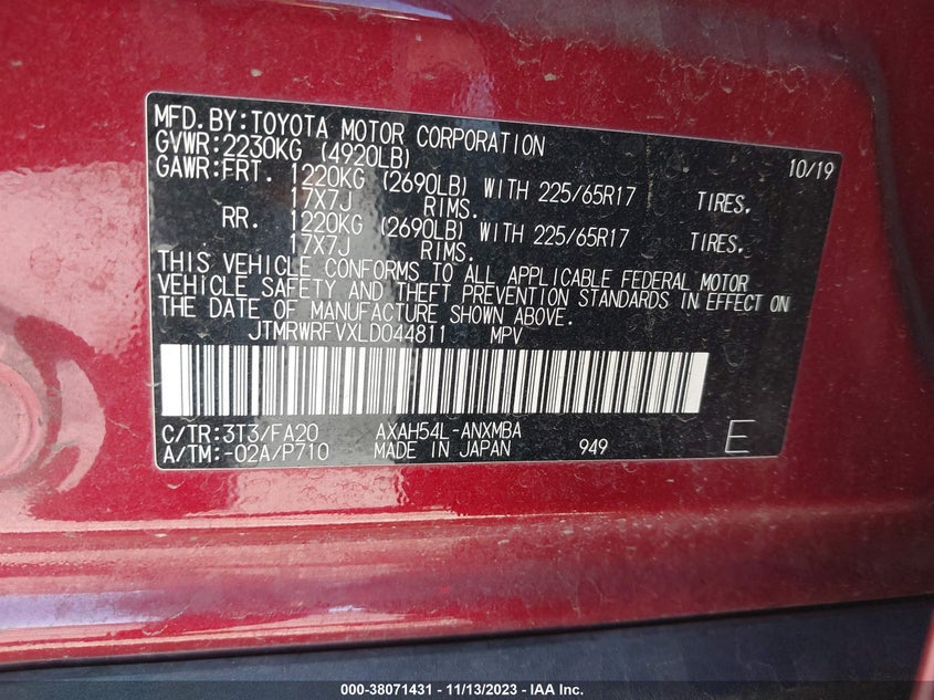 VIN JTMRWRFVXLD044811 2020 TOYOTA RAV4 XLE HYBRID