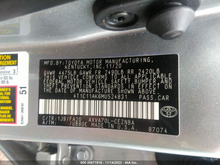 2021 TOYOTA CAMRY LE - 4T1C11AK6MU524831