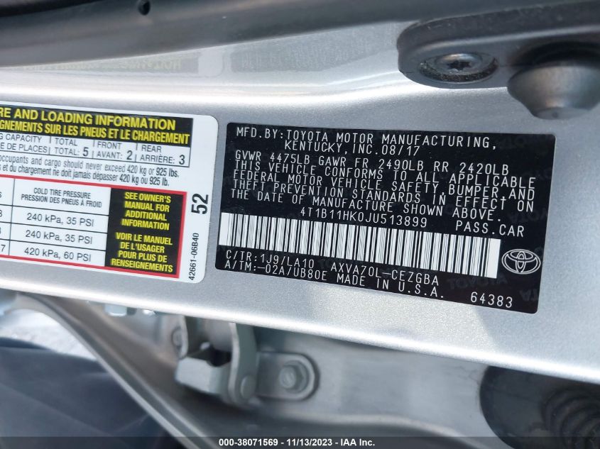2018 TOYOTA CAMRY XLE - 4T1B11HK0JU513899