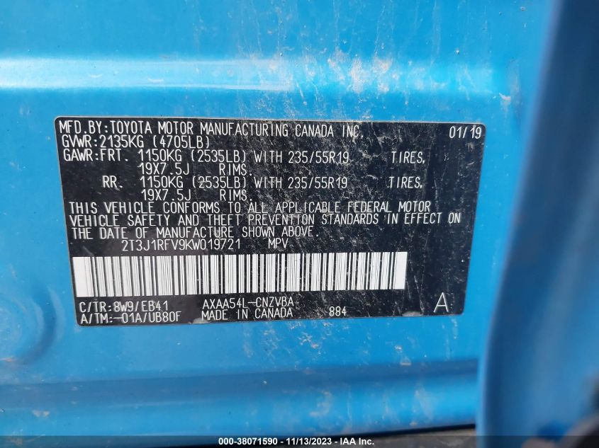 VIN 2T3J1RFV9KW019721 2019 TOYOTA RAV4 ADVENTURE