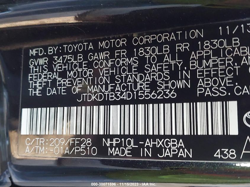 2013 TOYOTA PRIUS C THREE - JTDKDTB34D1556236