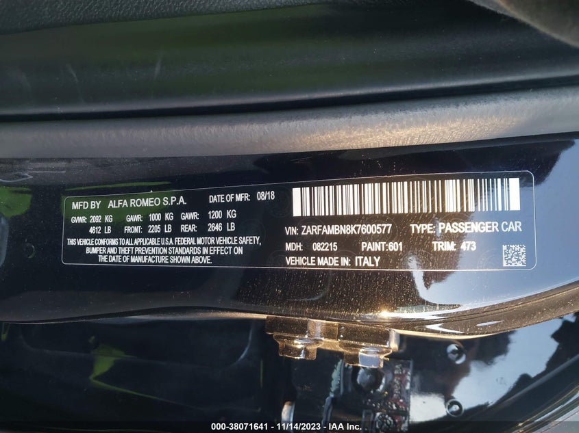 VIN ZARFAMBN8K7600577 2019 ALFA ROMEO GIULIA TI