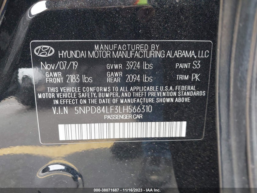 VIN 5NPD84LF3LH566310 2020 HYUNDAI ELANTRA SEL/VALUE/LIMITED