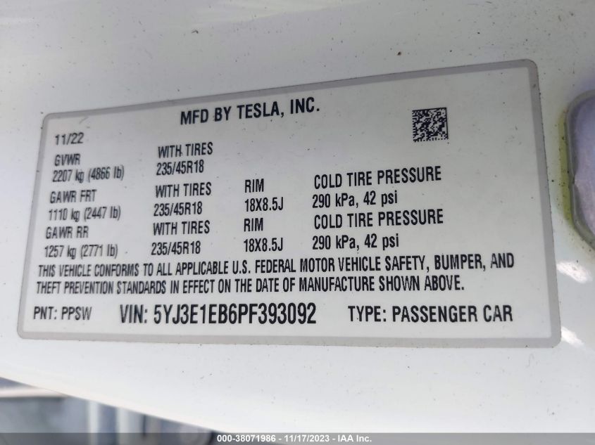 5YJ3E1EB6PF393092 | 2023 TESLA MODEL 3