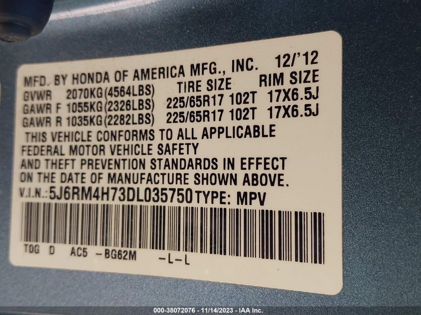 2013 HONDA CR-V EXL - 5J6RM4H73DL035750