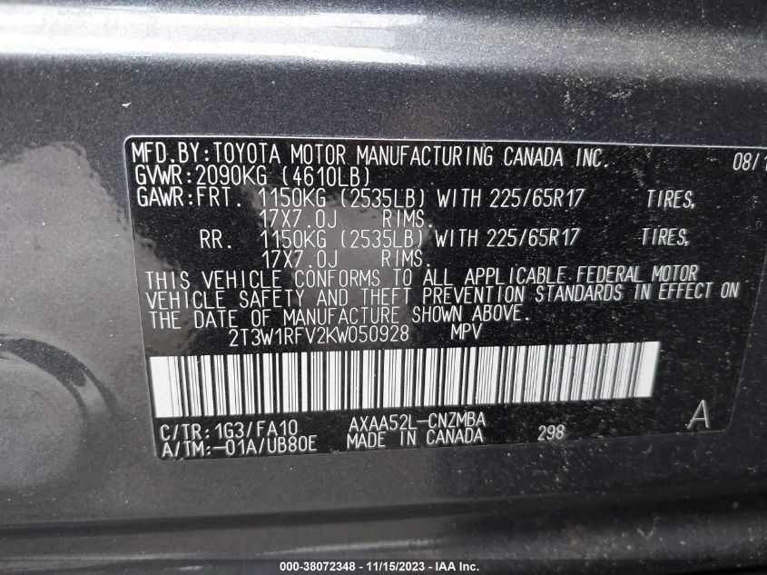 VIN 2T3W1RFV2KW050928 2019 TOYOTA RAV4 XLE/XLE PREMIUM