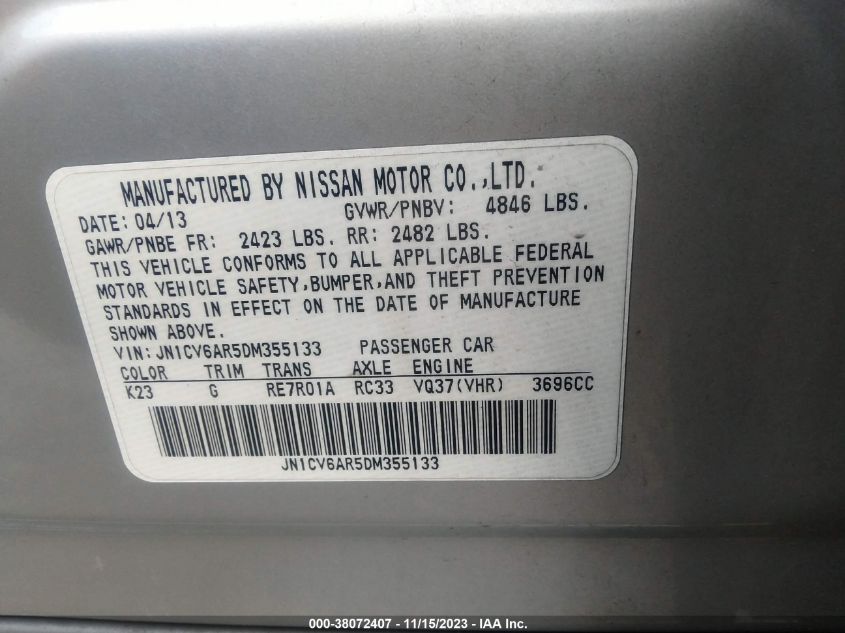 2013 INFINITI G37X - JN1CV6AR5DM355133