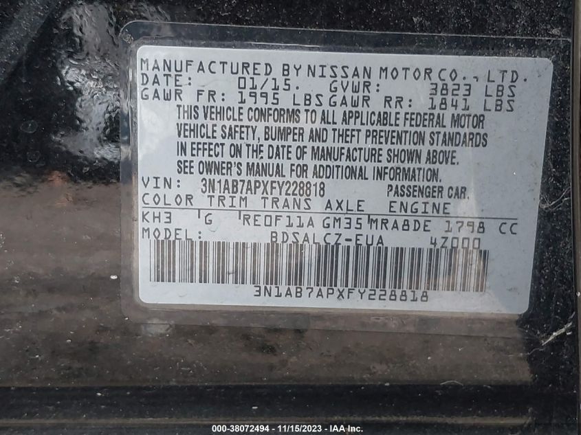2015 NISSAN SENTRA S/SV/SR/SL - 3N1AB7APXFY228818
