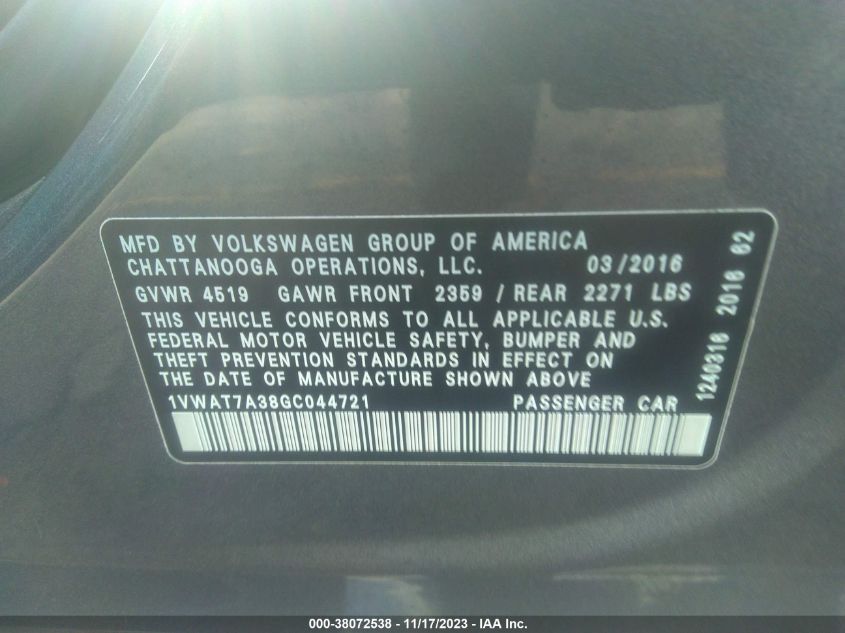 2016 VOLKSWAGEN PASSAT S/R-LINE - 1VWAT7A38GC044721