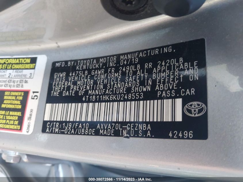 2019 TOYOTA CAMRY LE - 4T1B11HK6KU248553