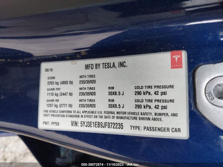 2018 TESLA MODEL 3 LONG RANGE/PERFORMANCE - 5YJ3E1EB9JF072235