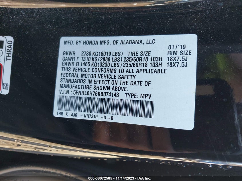 VIN 5FNRL6H76KB074143 2019 HONDA ODYSSEY EX-L