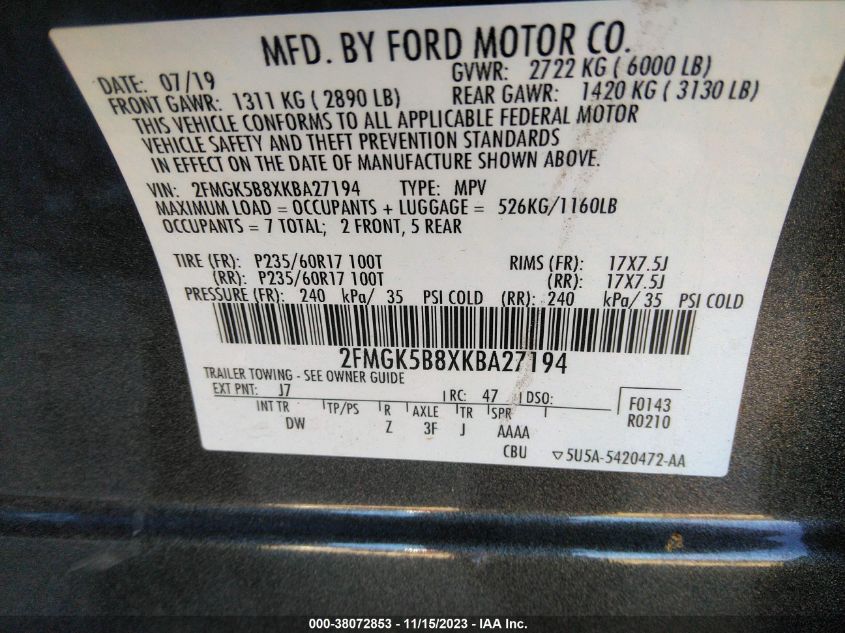 2FMGK5B8XKBA27194 Ford Flex SE 9