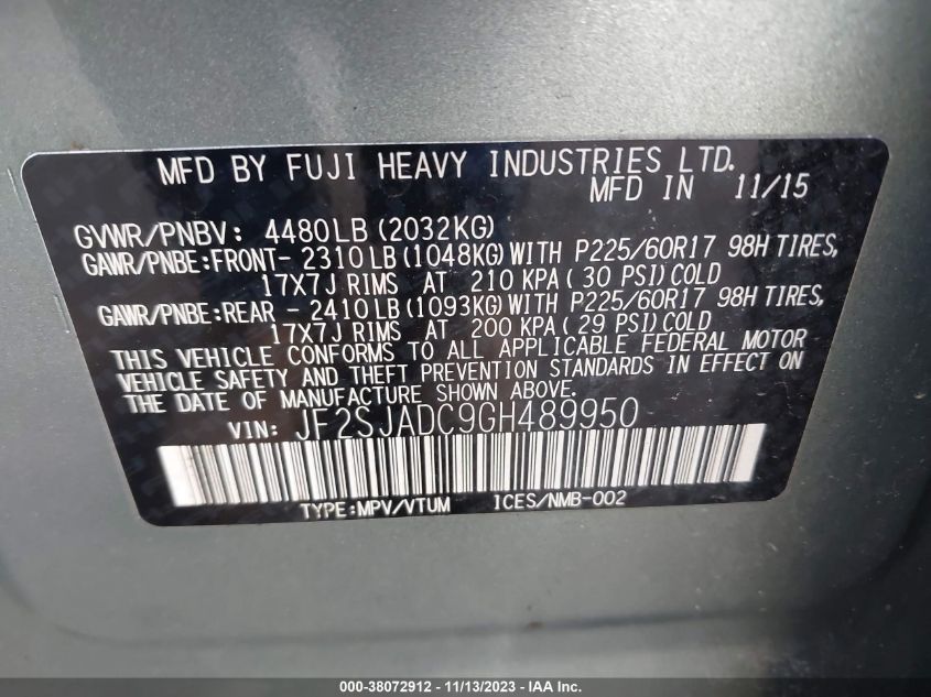 2016 SUBARU FORESTER 2.5I PREMIUM - JF2SJADC9GH489950