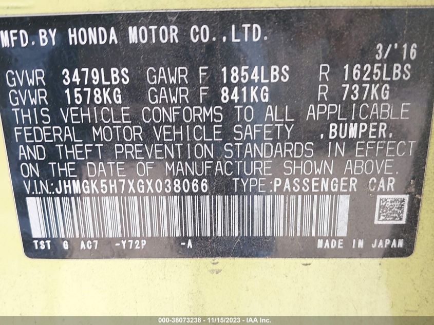 2016 HONDA FIT EX - JHMGK5H7XGX038066