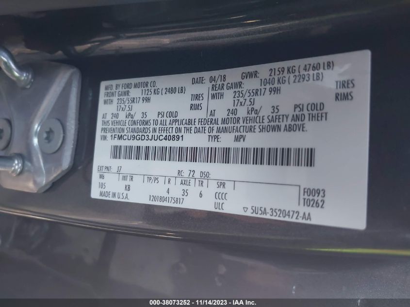 2018 FORD ESCAPE SE - 1FMCU9GD3JUC40891