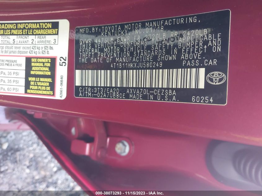 2018 TOYOTA CAMRY L/LE/XLE/SE/XSE - 4T1B11HKXJU580249