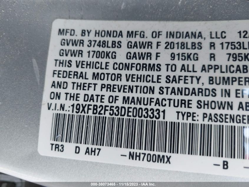 2013 HONDA CIVIC LX - 19XFB2F53DE003331