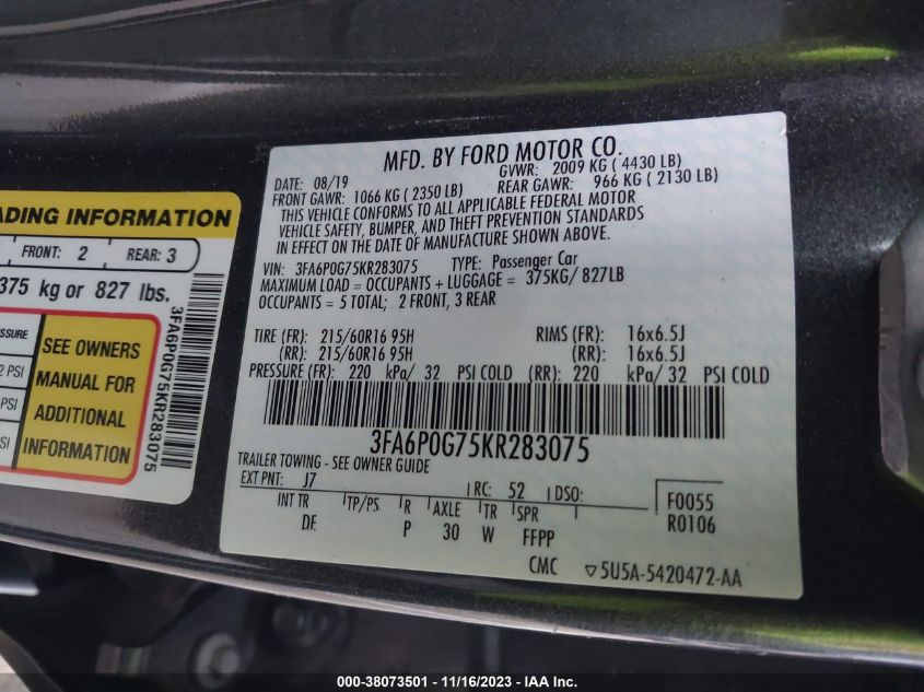 2019 FORD FUSION S - 3FA6P0G75KR283075