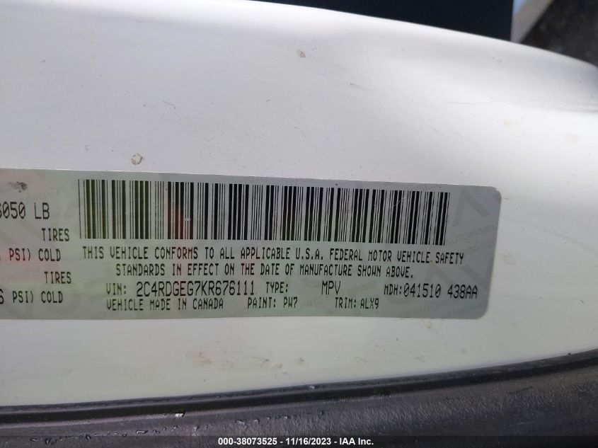 2C4RDGEG7KR676111 Dodge Grand Caravan GT 9