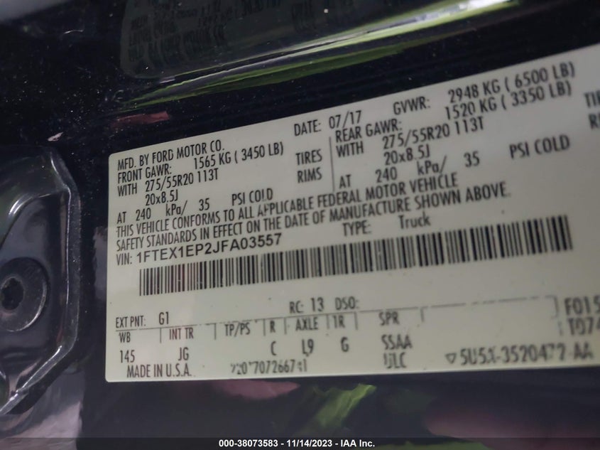 VIN 1FTEX1EP2JFA03557 2018 FORD F-150 XL