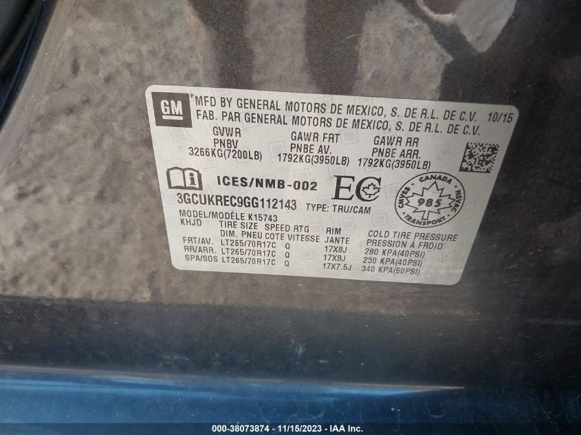 2016 CHEVROLET SILVERADO 1500 1LT/2LT - 3GCUKREC9GG112143