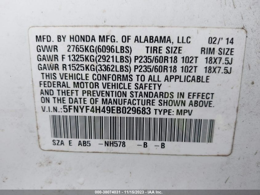 VIN 5FNYF4H49EB029683 2014 HONDA PILOT no.9