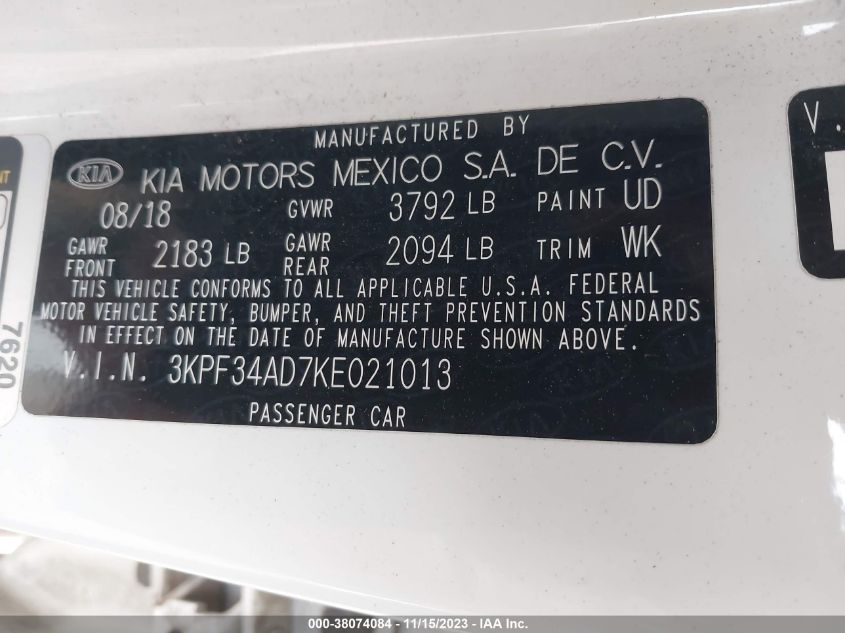 2019 KIA FORTE GT LINE/S - 3KPF34AD7KE021013