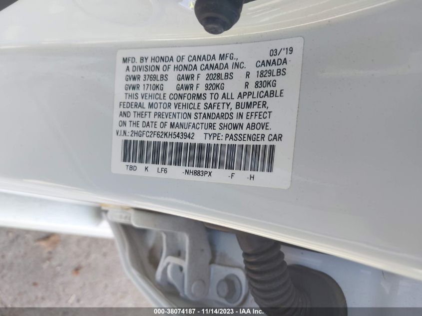 2019 HONDA CIVIC LX - 2HGFC2F62KH543942