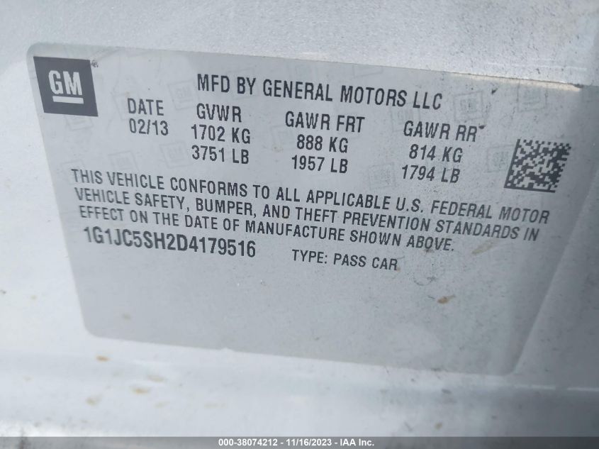 2013 CHEVROLET SONIC LT AUTO - 1G1JC5SH2D4179516