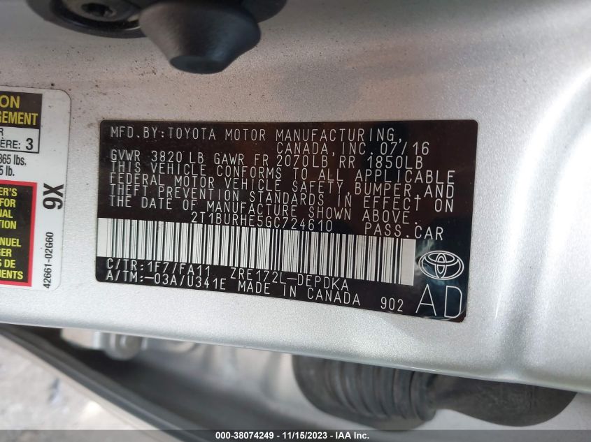 2016 TOYOTA COROLLA L/LE/LE PLS/PRM/S/S PLS - 2T1BURHE5GC724610