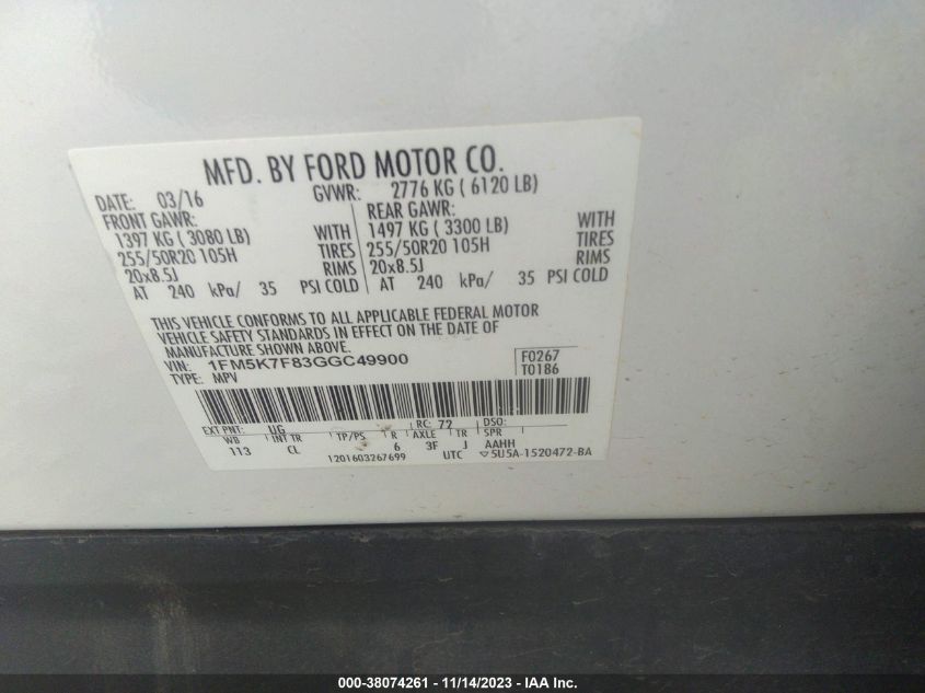 2016 FORD EXPLORER LIMITED - 1FM5K7F83GGC49900