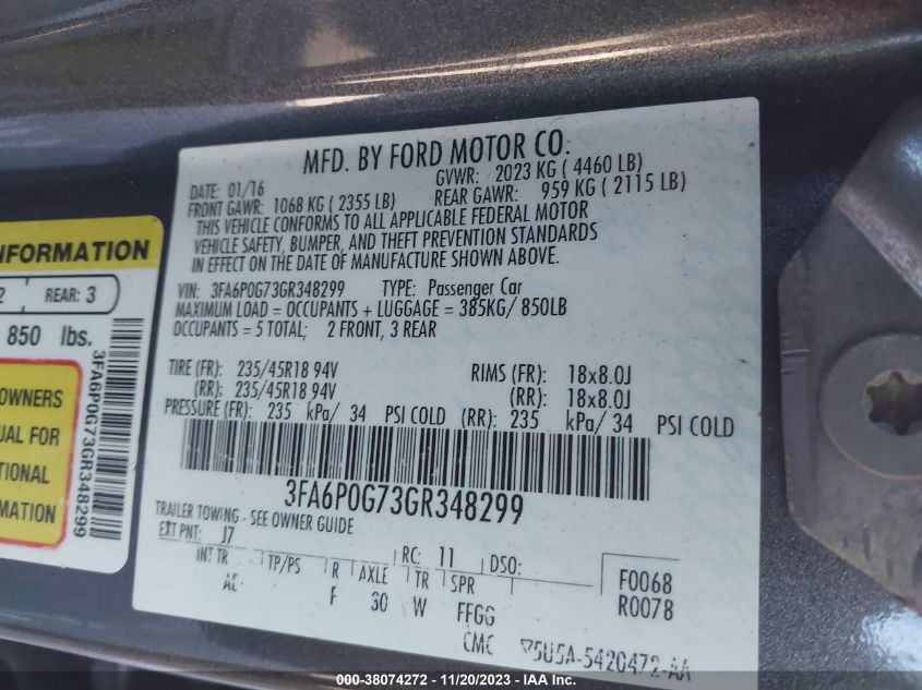 2016 FORD FUSION S - 3FA6P0G73GR348299