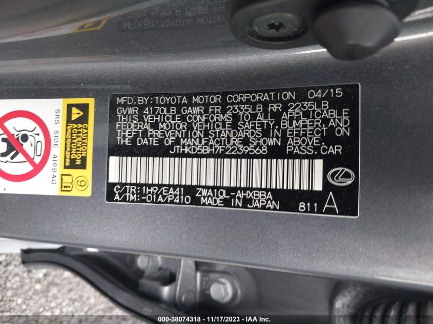 2015 LEXUS CT 200H HYBRID - JTHKD5BH7F2239568