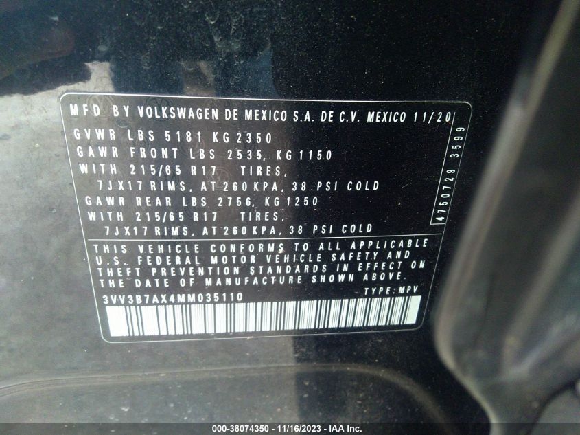 2021 VOLKSWAGEN TIGUAN SE/SE R-LINE BLACK/SEL - 3VV3B7AX4MM035110