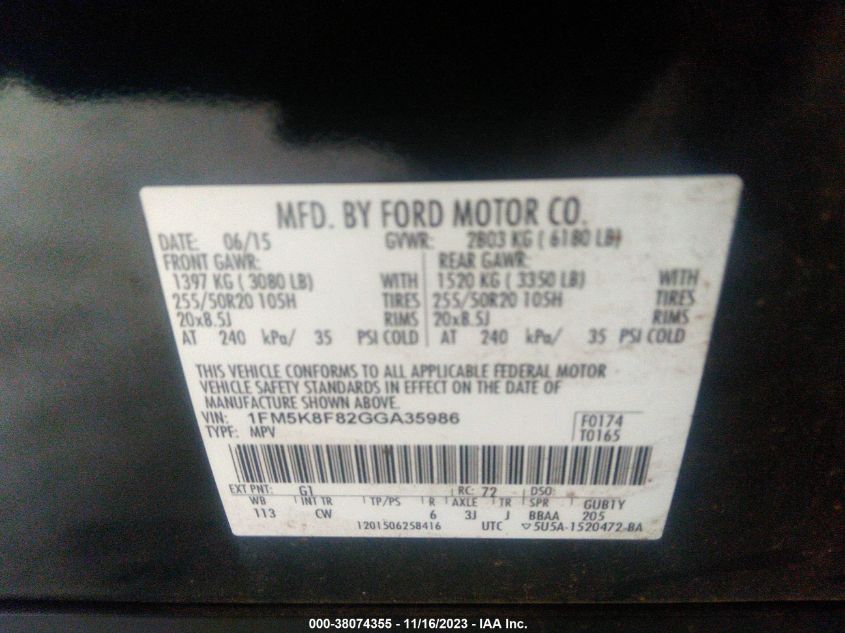 2016 FORD EXPLORER LIMITED - 1FM5K8F82GGA35986