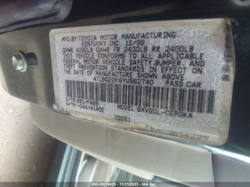 4T1BG22K6YU962740 | 2000 TOYOTA CAMRY