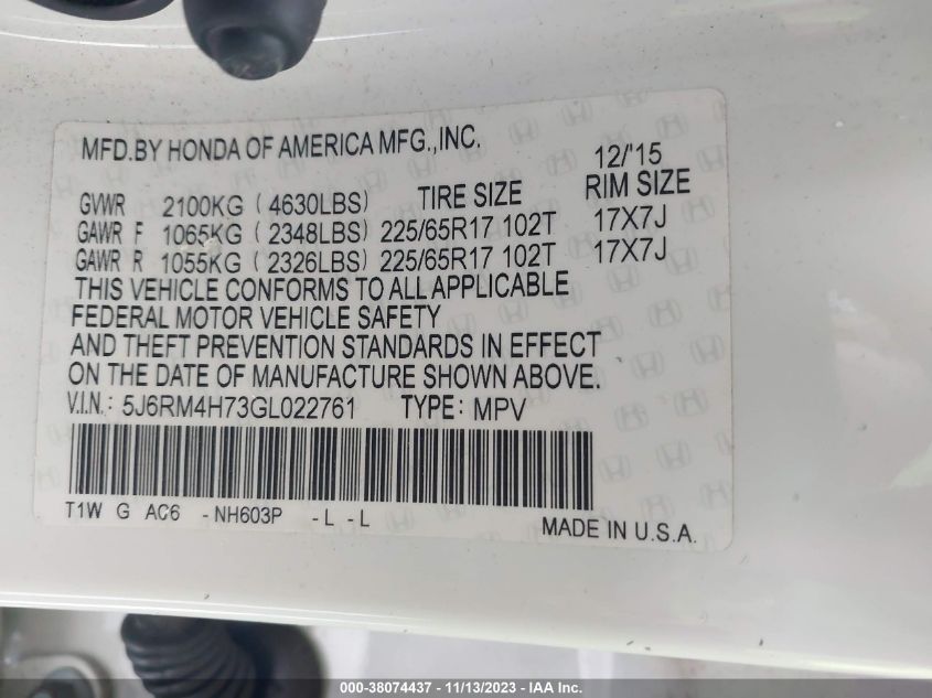 2016 HONDA CR-V EXL - 5J6RM4H73GL022761