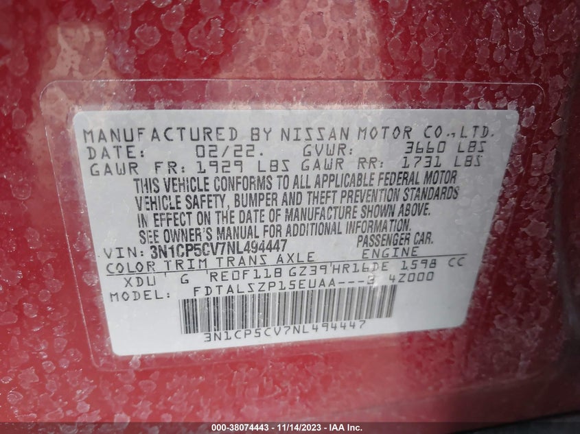 VIN 3N1CP5CV7NL494447 2022 NISSAN KICKS SV