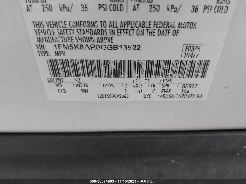 2016 FORD UTILITY POLICE INTERCEPTOR 1FM5K8AR0GGB13522